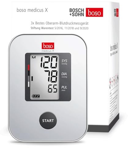 BOSCH + SOHN boso medicus X – Oberarm-Blutdruckmessgerät Stiftung Warentest 5/2016, 11/2018, 9/2020 mit Einknopfbedienung, großem Display und Arrhythmie-Erkennung – Inkl. Standard-Manschette (22-32cm)