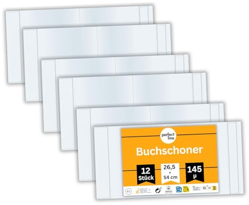 perfect line 12x Buchumschlag 30,5 cm Höhe, Schulbuchhülle extra stabil aus PP, Buchschoner glasklar, transparent, abwischbar, Hülle bis 56 cm Breite, Made in EU