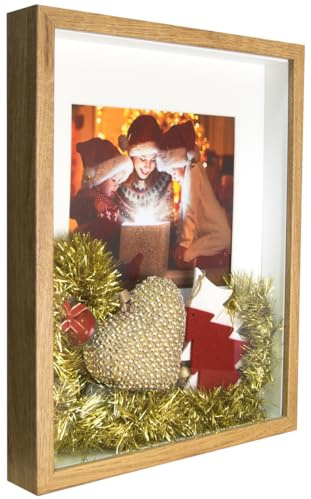 BD ART 28x35 cm Box 3D Tief Objektrahmen Eiche Bilderrahmen mit Passepartout 20x25 cm Rechteckiger zum befüllen tiefer für objekte foto, suvenirs 3 cm für Wandbehang