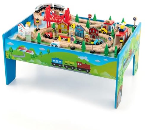 FANTASK 94-teiliges Holz Aktivitätstisch, Spieltisch mit 2 wendbaren Tischplatten, 3 Stoffschubladen, 2 in 1 Eisenbahn-Set zum Spielen für Kinder ab 3 Jahren
