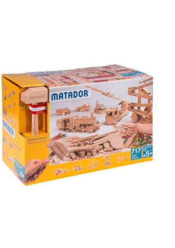 Matador Kinder Baukasten ab 5 Jahren 717-tlg. - Spannendes Holz Konstruktionsspielzeug zur Schulung von Kreativität und Feinmotorik, Bauspielzeug mit Stäbchen, Klötzen, Hammer & Zange