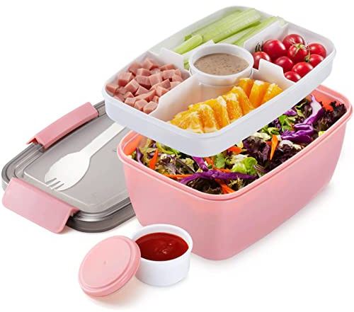 MUJUZE 2000ML Lunch Box Erwachsene Große,Salatbox to go | Lunchbox mit unterteilung Fächern,Salat Box Nachhaltig mit Besteck, Brotdose für Arbeit/Picknick(Pink)