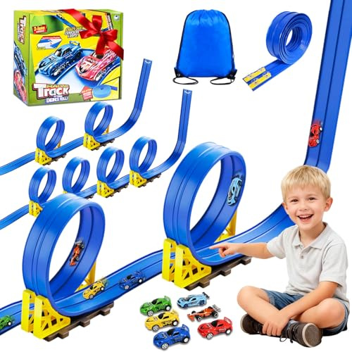 Rennbahn Kinder 5M, Autorennbahn Flexible mit 6 Autos, Rennstrecke Auto Autobahn Kinder Rollt Auf Dual Rennbahn Rampen, Autorennbahn Race Car Track für 1/64th Autos, Geschenk ab 3+ Jahr(Blau)