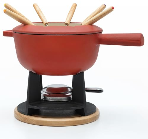 osoltus Fondue | Käsefondue | Fleischfondue Set Gusseisen 6 Personen Emaille | 13 TLG. inklusive Holzbrett und Fonduegabeln (rot matt)