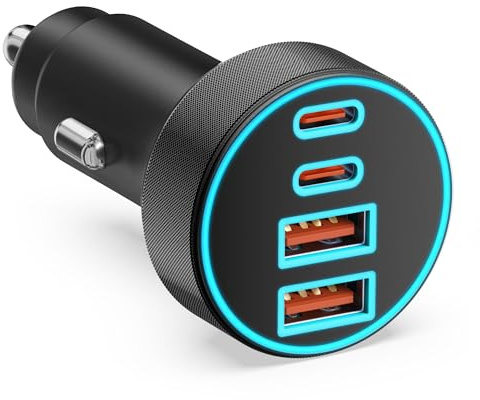 90W Zigarettenanzünder USB C, 4-Port Dual 45W USBC und USB-A 12V Adapter | Auto Ladegerät Car Charger, PD/QC Autoladegerät, Kfz Zubehör, Handy Schnellladegerät für iPhone 17/16/15, Samsung, Pixel