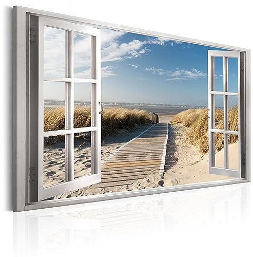 murando Acrylglasbild Fensterblick 1 Teilig Wandbild auf Acryl Glas Bilder Kunstdruck Moderne Wanddekoration - Fenster Insel Meer See Strand Himmel c-C-0179-k-a