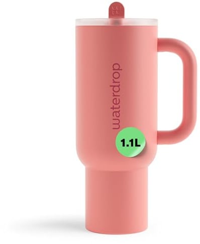 waterdrop® Thermobecher mit Strohhalm 1,1L – Auslaufsichere, robuste Trinkflasche mit aufklappbarem Trinkhalm, Hält 12h kalt, Trinkbecher mit Deckel, isolierte Edelstahlflasche
