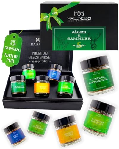 Hallingers Genuss Manufaktur Gewürz Geschenk-Set - 5 Gewürze aus aller Welt in wertiger Geschenkbox mit Rezept-Booklet Jäger und Sammler, Geschenkidee für Frauen Männer