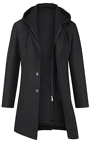 YOUTHUP Mantel Herren Wollmantel mit Kapuze Mittellang Wintermantel | Slim Fit, 3 Knöpfe, Revers, Abnehmbare Kapuze, Mittiger Schlitz, Dickes, Winddicht, für Outdoor, Business, Freizeit