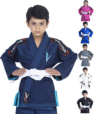Vector Kinder Brasilianischer Jiu Jitsu BJJ Gi mit weißem Gürtel aus 100% Baumwolle, Perlengewebt, sehr leicht, vorlaufgeschützt, Navy, K3