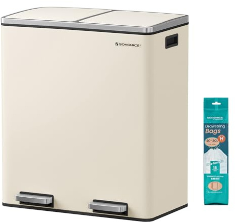 SONGMICS Mülleimer, 2 x 30 Liter, 2 Fächer, Mülltrennsystem, Treteimer, Abfalleimer Küche, 15 Müllsäcke, Metall, Inneneimer aus Kunststoff, Klappdeckel, Softclose, luftdicht, mandelfarben LTB060A01