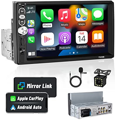 Hikity 1Din CarPlay Autoradio Auto mit 7 Bildschirm, Touch Display mit Bluetooth USB AUX FM Radio Unterstützung Mirror Link Lenkradsteuerung+Rückfahrkamera