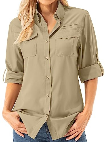 Asfixiado Damen Hemdbluse UV Shirt UPF 50+ Safari Kleidung Wanderbluse Damen Outdoor Cooling Quick Dry Sonnenschutz Langarm Luftiges Hemd