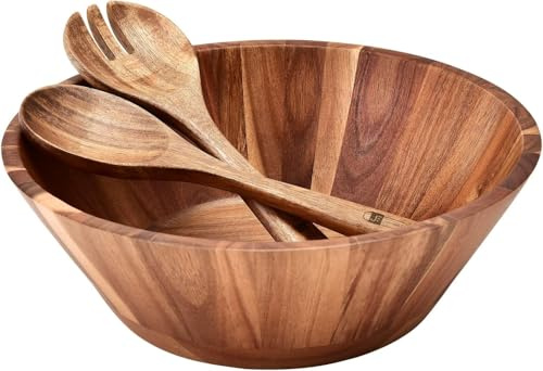 JF JAMES.F Salatschüssel Holz, Große Runde Salatschüssel Set Ø 30 cm Akazienholz Schüssel mit Salatbesteck, XXL Rührschüssel mit Holzlöffel & Gabel Obstschale Brotschale Nachhaltige Holz Schüssel