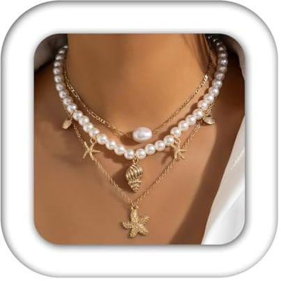 Atigy Boho Halskette mit Seestern Perlen und Muschel Mehrfachkette Goldanhänger Strand Halskette Schmuck für Damen
