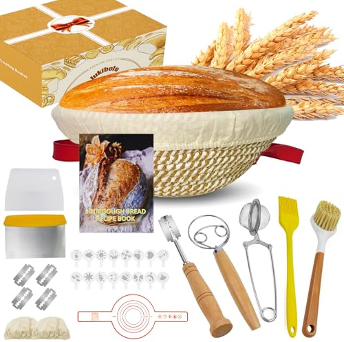 Gärkörbchen Rund 23cm – 27-teilig, mit Griff Aufhängbar, Waschmaschinenfest | Gärkorb Brot Für Sauerteig & Hefeteig, mit Teigschaber, Leineneinsatz, Deckel, Schneebesen,BPA-Frei, für Hobbybäcker & Profis