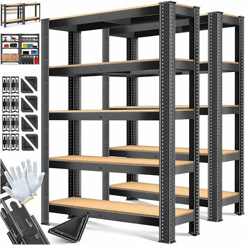MASKO® 2er-Set Lagerregal Schwerlastregal, Kellerregal, 180 x 90 x 40 cm, bis 875 kg belastbar, 5 verstellbare Ablagen, MDF-Platten Regal aus Metall, Steckregal, Werkstattregal, Keller, Garage Schwarz