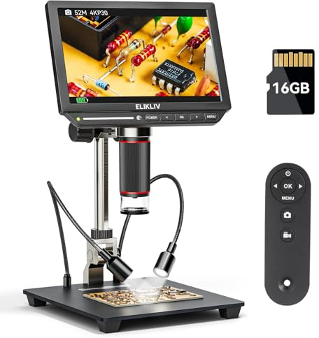 Elikliv EM4K 8 4K Digitales Mikroskop, Münzmikroskop 2000x, 52MP HDMI Mikroskop, Lötmikroskop für Erwachsene, LCD Mikroskops für Elektronikreparatur, 3840P UHD Video Mikroskops, 10 Stand, 16G