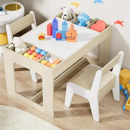 Clevich Kindersitzgruppe mit Stauraum, Kindertisch mit 2 Stühlen, Kinder Tisch Stuhl Set mit wendbarer Tischplatte, Kinderschreibtisch für Kindertagesstätte, für Kinder ab 3 Jahren, Holzfarbe