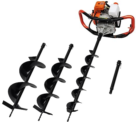 52CC Benzin-Erdlochbohrer, 2-Takt Erdbohrer, 2.4HP Handbohrer 8500rpm mit 1.2L Kraftstofftank 3 Bohrer Durchmesser (100, 150, 200 mm) Gartengeräte