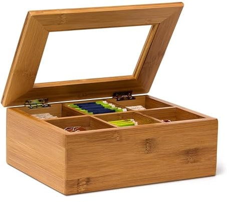 Relaxdays Teebox mit 6 Fächern, Bambus, Teebeutel Aufbewahrung, Teekiste mit Sichtfenster, HBT: 9 x 22 x 16 cm, natur