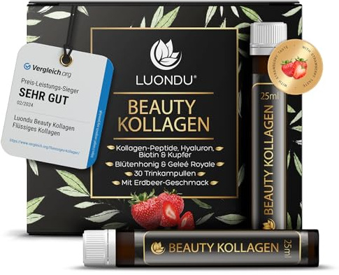 Luondu Beauty Kollagen Trinkampullen mit Hyaluronsäure (30 Ampullen mit 2500mg Kollagen) I Mit Biotin, Kupfer & Vitamin C, Blütenhonig & Gelée Royale