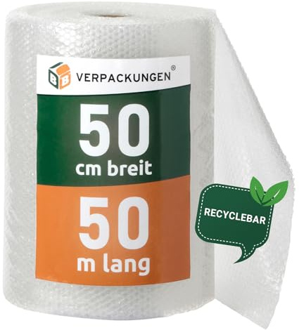 BB-Verpackungen 1x PROFI Luftpolsterfolie 0,5 x 50 m Versand, Verpackung, Umzug 2-lagig (1 Rolle) | 60 my stark, extrem robust, sehr leicht, 100% recycelbar