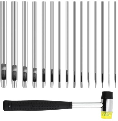 NINGYER 15 Stück Locheisen Set, Locheisensatz Leder 0,5mm Bis 6mm, Runde Stahl Hohl Punch Set mit 1 Gummihammer, Geeignet für Leder, Uhrenarmband, Dichtung Gürtel, Stoff (15 Größe)