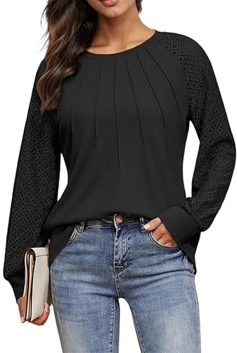 Timuspo Spitzen Oberteil Damen Waffel Strick Bluse Rundhals Tunika Langarm Lässige Einfarbig Shirt Elegant Vorne Falten Top Spitzentop Frühling Herbst Tshirts