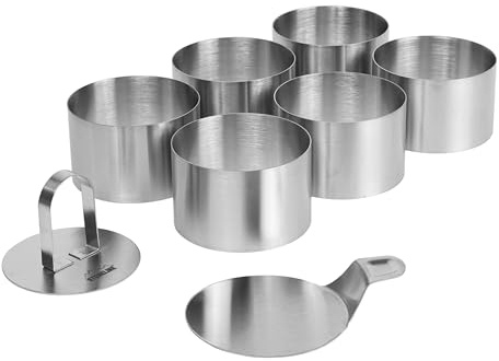 STONELINE Dessertringe Speiseringe Set 8 cm Rund 8-teilig Edelstahl, 6 Ringe mit Heber und Stampfer, Kleiner Kuchenring Backring Servierring Mini Kuchenform Muffin Backform Ausstecher Burgerring