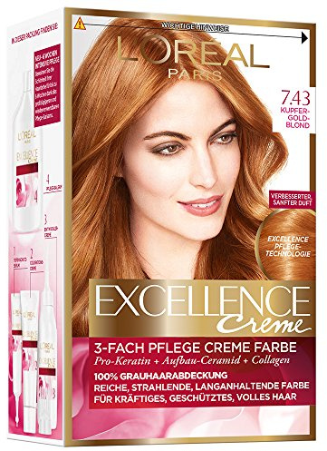 L'Oréal Paris Permanente Haarfarbe, 100 Prozent Grauhaarabdeckung, Haarfärbeset mit Coloration, Shampoo und 3-Fach Pflege Creme Farbe, Excellence Crème 7.43 Kupfer Goldblond