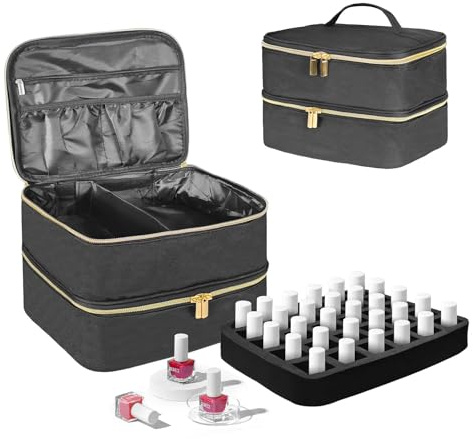 BOHEMIABY Nagellack Organizer Tasche, Doppelschicht Nagellack Aufbewahrung Box, Organizer Koffer für Nageldesign Kosmetiktasche für 30 Flaschen Neonail Base(15ml-0.5 FL.Oz) & 1 Nagellampe(Schwarz)