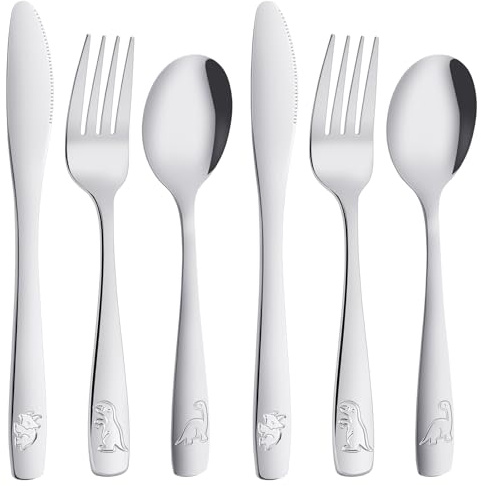 AUAUY 6 Stück Besteck Edelstahl, Bärenmuster Gravur, Polieren, Gegen Ros | Edelstahl Löffel Gabel Set, Gegen Ros, Polieren, 2 Gabeln, 2 Sicherheitsmesser, 2 Suppenlöffel, für Mädchen Jungen