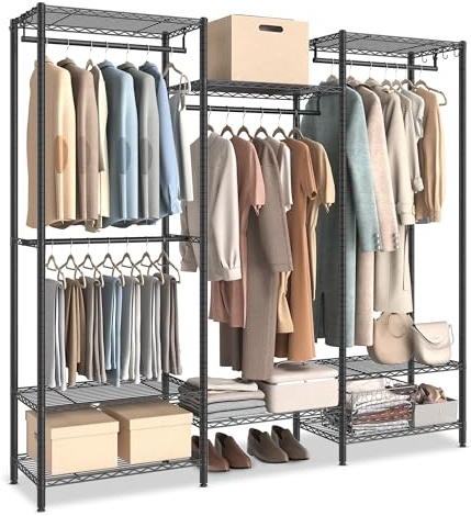 SONGMICS Kleiderständer, offener Kleiderschrank für Schlafzimmer, Kleiderstangen aus Metall mit verstellbaren Lagerregalen und Kleiderstangen, Haken, robuste Kleideraufbewahrung, teilbar