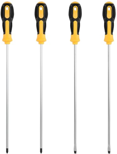 CHUENKUK 4 Stück Schraubendreher Lang Set, 41,5 cm Schwarz Gelber Griff Schraubendreher, 2 Flachschraubendreher Lang, 2 Kreuzschraubendreher Lang,Kohlenstoffstahl, für Professionelle Reparaturen