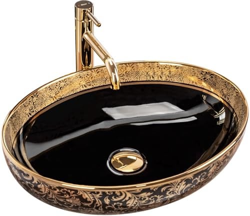 Rea Waschbecken Waschtisch Aufsatzwaschbecken Keramik Handwaschbecken Aufsatz Waschschale Gold Schwarz Rund 40x52