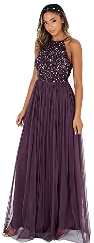 Maya Deluxe Damen Abendkleid Pailletten Cocktailkleid Tüllkleid Kleid Nackenband Elegant Für Hochzeit Brautjungfernkleid Bridesmaid Dress, Berry, 36 EU
