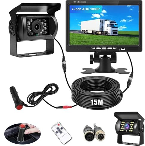Rückfahrkamera Set mit 7 Zoll Rear View Monitor, IP68 wasserdichte Nachtsicht Auto Backup-Kamera, Kabel Stabilem Signal Rückfahrkamera 12V - 24V mit 15m Kabel für Wohnmobil Van Trucks Bus Trailer