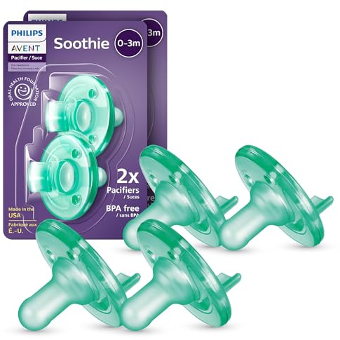 Philips AVENT Soothie Kiefergerechter Baby Schnuller, 100% Silikon, einteilig, BPA-frei, für Babys von 0-3 Monaten, grün, 4er-Pack, Modell SCF190/41