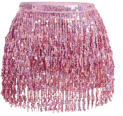 Glitzer Damen Rock Pailletten Rock Bauchtanz Kostüm Mini Rock Cowgirl Tanzkleid Rave Outfit Hüfttuch Kostüm für Damen und Mädchen (DE/NL/SE/PL, Alphanumerisch, M, Regular, Regular, Rosa)