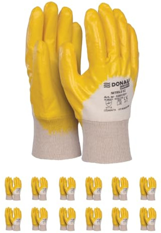 DONAU SAFETY Arbeitshandschuhe aus Baumwollstrick Herren/Schützender Nitril Beschichtet/Größe 10, 12 Paar/Gelb Weiß/Montagehandschuhe/für Montagearbei Mechaniker Service Transport und Bau