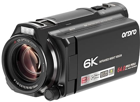 ORDRO 6K 64MP Camcorder 12X optischer Zoom WLAN Webcam Vlog-Kamera | 6K Ultra-HD & 64MP Fotos，12-facher optischer Zoom， Zeitlupe, Zeitraffer, Voraufnahme und Loop-Aufnahme