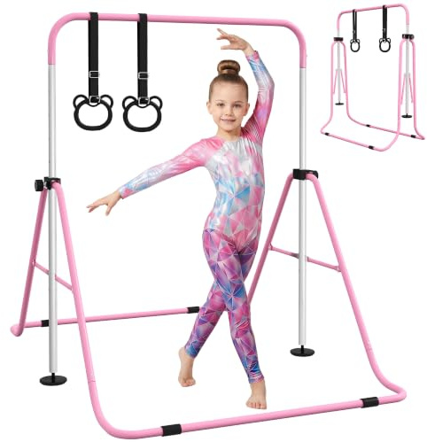HOMCOM Gymnastikstange für Kinder Faltbares Turnreck 88-128cm | Höhenverstellbare Reckstange mit Ringen, Turnstange für Kinder ab 3 Jahre, Trainingsgerät bis 50 kg, für Indoor Outdoor