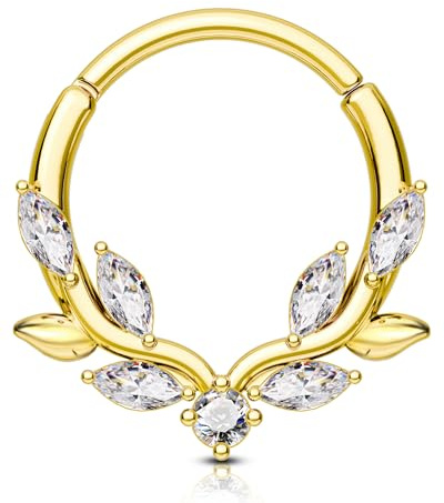 OUFER Septum Piercing Schmuck Blatt Klar CZ Silber Gold Daith Ring 16G Helix Ohrring Ring 316l Edelstahl Septum Daith Piercing Knorpel Helix Clicker Schmuck für Frauen 8 10 mm