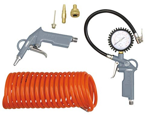 ABAC 6-teiliges Kompressor-Zubehör Set G-813, enthält Reifenfüller mit Manometer, Druckluftpistole, 5 m Spiralschlauch, 3 Ventiladapter, max. Druck 8 Bar