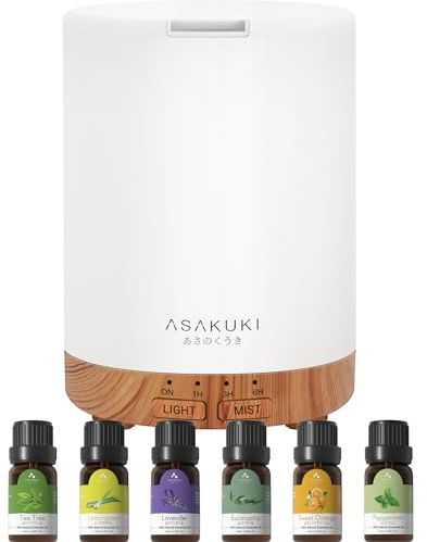 ASAKUKI Aroma Diffuser mit Ätherische Öle Set, 300ml Aromatherapie Luftbefeuchter mit 6 * 10ML Öle Set, 14 LED-Farben & automatischer Abschaltung -Geschenk