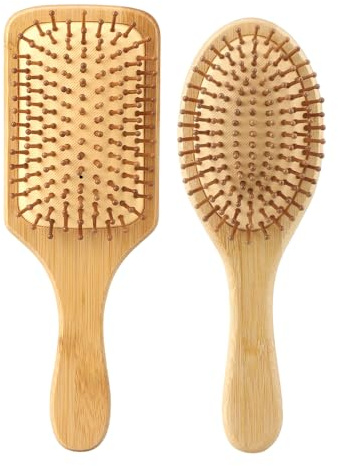Atliberswo 2 Stück Natur-Haarbürste aus Bambus, bestehend aus zwei haarbürste, geeignet für Männer, Frauen und Kinder. Mit natürlichem Holz und Bambusnadeln für die Haarpflege (1*rund+1*Quadrat）