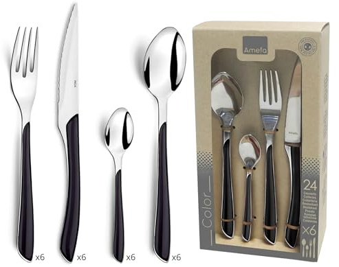 Amefa ECLAT Besteck Set Schwarz Essbesteck 24-teilig für 6 Personen Edelstahl rostfrei hochwertige Kunststoff-Griffschalen spülmaschinenfest Besteck Set 6 Personen Campingbesteck