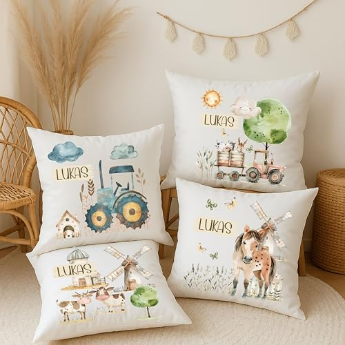 wolga-kreativ personalisiertes Kuschelkissen Kinder mit Füllung – Bauernhof-Motive mit Namen – Traktor, Tiere & Dorf – Geschenk für Jungen und Mädchen – Flauschiges Babykissen