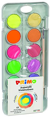 Primo – Aquarellfarben für Kinder und Künstler mit 24 Farben Ø 30 mm + 1 Aquarellpinsel zum Malen, Malpaletten-Set, Aquarellfarben für Kinder ab 3 Jahren für Kreative Arbeiten